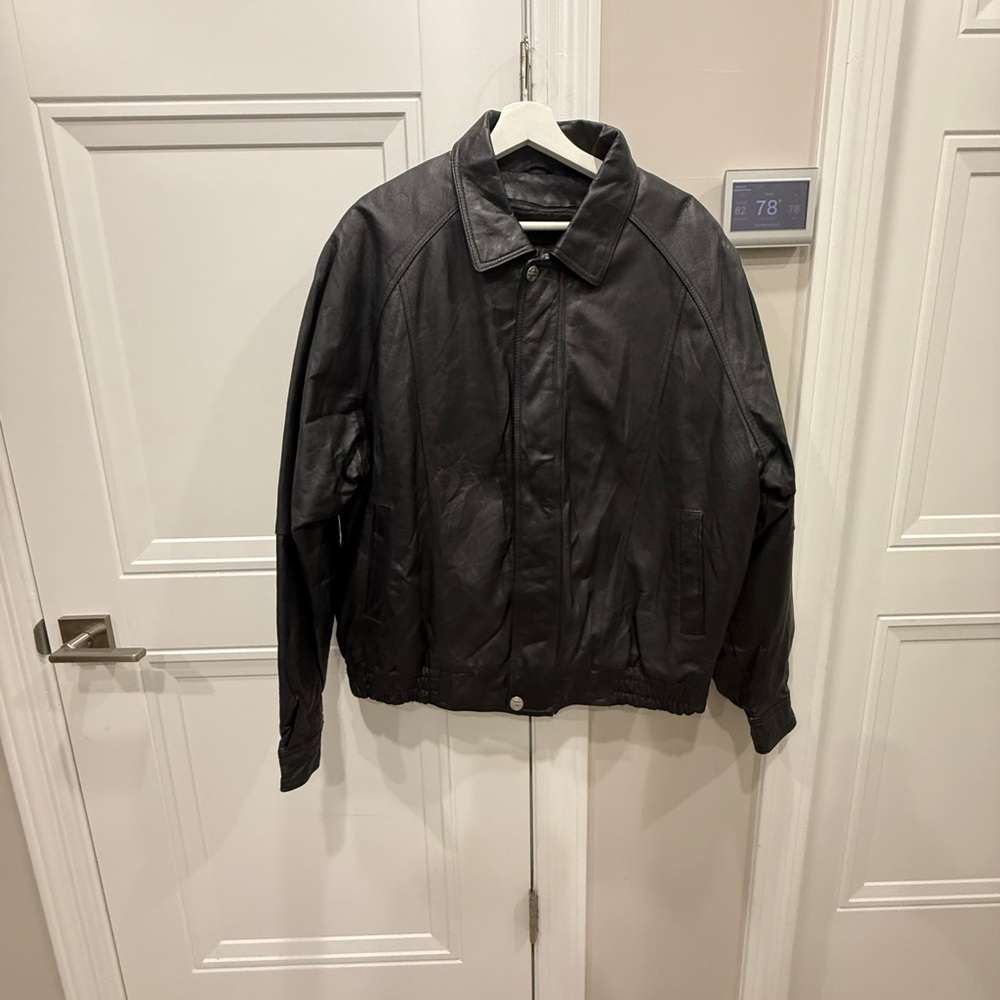 Oscar Piel Black Genuine Leather Bomber Jacket Mens L Lined‎ Collar Zip